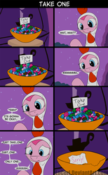 Size: 1600x2600 | Tagged: safe, artist:loceri, pinkie pie, comic:take one, g4, animal costume, bowl, candy, chicken pie, chicken suit, clothes, comic, costume, fail, nightmare night, note, slice of life, temptation
