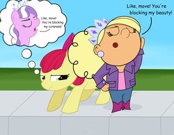 Size: 2148x1671 | Tagged: safe, artist:abigail m., apple bloom, diamond tiara, earth pony, human, pony, g4, brianna buttowski, comic sans, crossover, female, filly, kick, kick buttowski suburban daredevil, thought bubble