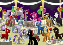 Size: 5000x3600 | Tagged: safe, artist:johnjoseco, pinkie pie, princess celestia, oc, princess molestia, g4, balloon, palindrome get, party, royal guard