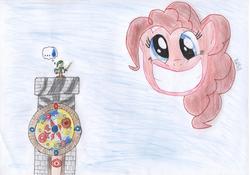 Size: 3489x2441 | Tagged: safe, artist:baalthazzar, pinkie pie, g4, clock tower, crossover, link, moon, parody, smiling, the legend of zelda, the legend of zelda: majora's mask, traditional art