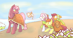 Size: 1417x749 | Tagged: safe, artist:tigs, apple bloom, cheerilee, scootaloo, sweetie belle, earth pony, pony, g4, cape, clothes, cutie mark crusaders, gift giving, no pupils, present, scarf, snow, winter