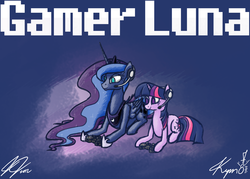 Size: 900x643 | Tagged: safe, artist:kymsnowman, princess luna, twilight sparkle, gamer luna, g4