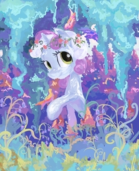 Size: 2000x2467 | Tagged: dead source, safe, artist:my-magic-dream, sweetie belle, pony, unicorn, g4, female, filly, floral head wreath, flower, looking at you, mare, raised hoof, solo