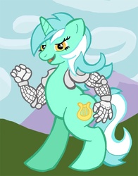Size: 471x600 | Tagged: safe, artist:spacewolfomega, lyra heartstrings, pony, g4, amputee, artificial hands, augmented, bipedal, female, hand, implied amputation, solo