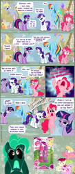 Size: 800x1843 | Tagged: safe, artist:voodoo-tiki, apple cobbler, daisy, derpy hooves, flower wishes, fluttershy, lily, lily valley, pinkie pie, rainbow dash, rarity, roseluck, twilight sparkle, g4, apple family member, balloon, comic, derpygate, dialogue, flower trio, glue, inverted colors, text, the horror