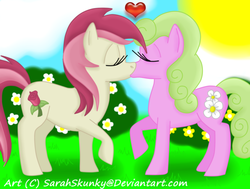 Size: 600x454 | Tagged: safe, artist:sarahskunky, daisy, flower wishes, roseluck, earth pony, pony, g4, duo, female, heart, kiss on the lips, kissing, lesbian, mare, rosewishes, shipping