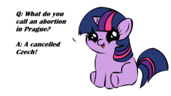 Size: 1194x668 | Tagged: safe, twilight sparkle, pony, unicorn, g4, abortion, female, filly, filly twilight telling an offensive joke, foal, meme, sitting