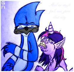 Size: 900x883 | Tagged: safe, artist:gnineify, twilight sparkle, g4, crossover, male, mordecai, mordetwi, regular show