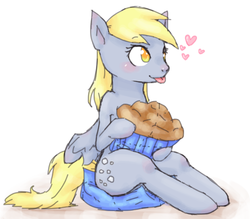 Size: 605x531 | Tagged: safe, artist:meganechu, derpy hooves, pegasus, pony, g4, female, heart, mare, muffin, solo, that pony sure does love muffins, tongue out