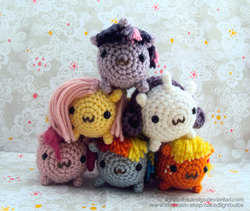 Size: 828x698 | Tagged: safe, artist:lightbulbsdesign, applejack, fluttershy, pinkie pie, rainbow dash, rarity, twilight sparkle, g4, amigurumi, blob pony, crochet, irl, mane six, photo, plushie