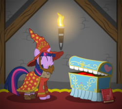Size: 1600x1435 | Tagged: safe, artist:gray--day, twilight sparkle, g4, beard, costume, crossover, discworld, rincewind, the luggage