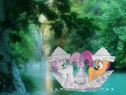 Size: 600x450 | Tagged: safe, artist:paris7500, scootaloo, sweetie belle, pony, g4, hat, irl, jungle, paper boat, paper hat, photo, ponies in real life, river, vector