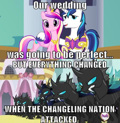 Size: 591x607 | Tagged: safe, artist:warriorsparrow, princess cadance, shining armor, changeling, g4, meme, text