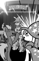 Size: 547x847 | Tagged: dead source, safe, artist:bronycurious, trixie, twilight sparkle, pony, comic:recovery, g4, butt, female, male, mare, monochrome, plot, preview, stage, stallion
