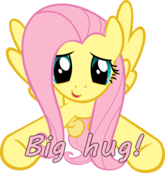 Size: 1600x1678 | Tagged: safe, fluttershy, pegasus, pony, g4, dialogue, female, front view, full face view, hug request, incoming hug, looking at you, mare, reaching, simple background, smiling, solo, spread wings, transparent background, wings