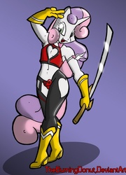 Size: 503x698 | Tagged: safe, artist:theburningdonut, sweetie belle, anthro, g4, armband, armpits, boots, costume, cutie honey, female, filly, katana, legs, nightmare night, sword, weapon, young