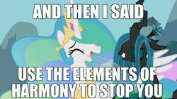 Size: 1024x576 | Tagged: safe, edit, edited screencap, screencap, princess celestia, queen chrysalis, alicorn, changeling, changeling queen, pony, g4, duo, eyes closed, female, horn, image macro, laughing, mare, open mouth, spread wings, thread, wings