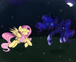 Size: 1200x977 | Tagged: safe, artist:lustrous-dreams, fluttershy, princess luna, firefly (insect), g4, dancing, eyes closed