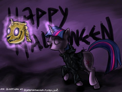 Size: 1332x1000 | Tagged: safe, artist:hereticalrants, twilight sparkle, pony, unicorn, g4, clothes, costume, eyes closed, female, halloween, levitation, magic, mare, skull, solo, telekinesis