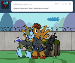 Size: 2450x2053 | Tagged: safe, artist:guard-mod, minuette, oc, pegasus, pony, unicorn, series:ask the guard ponies, g4, barbed wire, beret, blushing, clothes, couple, cute, female, gun, kissing, male, shipping, soldier, special somepony, spread wings, straight, uniform, wall, weapon, wingboner