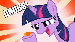 Size: 1024x576 | Tagged: safe, twilight sparkle, pony, unicorn, g4, abstract background, caption, drugs, female, hoof hold, image macro, mare, open mouth, pills, smiling, solo, text