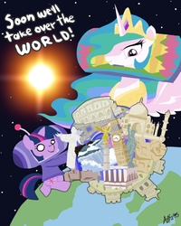 Size: 600x750 | Tagged: safe, artist:alfa995, princess celestia, twilight sparkle, alicorn, pony, unicorn, g4, antennae, christ the redeemer, colosseum, duo, duo female, earth, eiffel tower, female, great wall of china, katamari damacy, king of all cosmos, mare, moai, monuments, niagara falls, parody, parthenon, space, sphinx (landmark), stars, statue of liberty, taj mahal, unicorn twilight, victory column, world