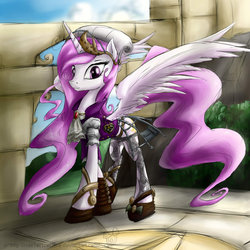 Size: 900x901 | Tagged: safe, artist:rule1of1coldfire, princess celestia, pony, g4, armor, clothes, female, pink-mane celestia, shoes, solo, spread wings, steampunk, wings