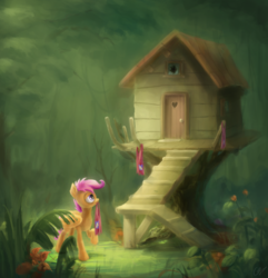 Size: 3850x4000 | Tagged: safe, artist:ifoldbooks, scootaloo, pegasus, pony, g4, broken window, cape, clothes, clubhouse, cmc cape, crusaders clubhouse, female, mouth hold, older, solo