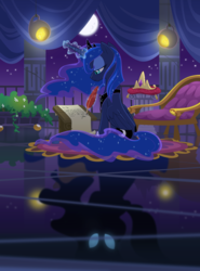 Size: 2400x3240 | Tagged: safe, artist:equestria-prevails, princess luna, alicorn, pony, g4, chair, crown, female, flower, flowing mane, glowing eyes, glowing horn, glowing mane, horn, light, mare, moon, night, night sky, plant, quill, rug, scroll, sky, solo, stars