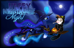 Size: 1800x1175 | Tagged: safe, artist:carykaiba, pipsqueak, princess luna, alicorn, earth pony, pony, g4, broom, candy, clothes, costume, flying, flying broomstick, full moon, halloween, hat, moon, night, nightmare night, sitting, smiling, witch, witch hat