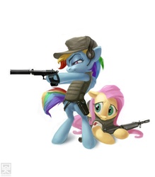 Size: 900x1029 | Tagged: safe, artist:minibot-1, fluttershy, rainbow dash, pegasus, pony, g4, bipedal, clothes, female, gun, mare, simple background, weapon, white background