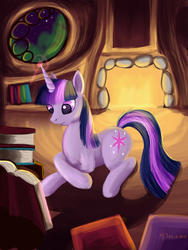 Size: 1200x1600 | Tagged: safe, artist:dalagar, twilight sparkle, pony, unicorn, g4, book, female, reading, solo, unicorn twilight