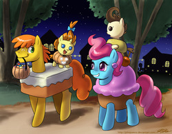 Size: 1150x897 | Tagged: safe, artist:johnjoseco, carrot cake, cup cake, pound cake, pumpkin cake, earth pony, pegasus, pony, unicorn, g4, baby, baby pony, clothes, colt, costume, family, female, filly, foal, food, food costume, grin, halloween, holiday, jack-o-lantern, looking at each other, looking at someone, male, mare, mouth hold, nightmare night costume, open mouth, open smile, ponies riding ponies, pound cake riding cup cake, pumpkin, pumpkin bucket, pumpkin cake riding carrot cake, riding, smiling, smiling at each other, stallion, the cakes, trick or treat