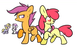 Size: 1108x720 | Tagged: safe, artist:selective-yellow, apple bloom, dinky hooves, scootaloo, sweetie belle, earth pony, pegasus, pony, unicorn, g4, blushing, colored pupils, egg, female, filly, lesbian, ship:dinkybelle, shipping, simple background, walking, white background