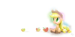 Size: 900x450 | Tagged: safe, artist:yikomega, applejack, earth pony, pony, g4, apple, cute, female, filly, sitting, solo, younger
