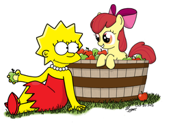 Size: 893x643 | Tagged: safe, artist:larrychan, apple bloom, earth pony, pony, g4, apple, crossover, female, filly, foal, lisa simpson, male, the simpsons