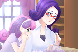 Size: 1500x1000 | Tagged: safe, artist:angeliccarrot, rarity, sweetie belle, human, g4, glasses, humanized, sewing, sisters