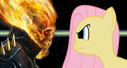 Size: 674x365 | Tagged: safe, fluttershy, pegasus, pony, g4, angry, ghost rider, penance stare, the stare, vs