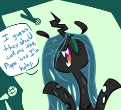 Size: 880x800 | Tagged: safe, artist:tess, queen chrysalis, g4, female, microphone, pun, solo, stand-up comedy