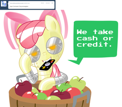 Size: 1280x1128 | Tagged: safe, artist:ls820720, apple bloom, pony, robot, robot pony, ask apple bloom bot, g4, apple, apple bloom bot, ask, bedroom eyes, credit card, female, food, mouth hold, tumblr
