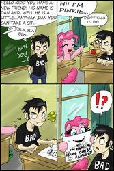 Size: 1024x1537 | Tagged: safe, artist:ciriliko, applejack, pinkie pie, g4, comic, creeper, crossover, dan, dan vs