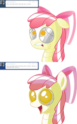 Size: 1280x2050 | Tagged: safe, artist:ls820720, apple bloom, pony, robot, robot pony, ask apple bloom bot, g4, apple bloom bot, ask, happy, nervous, tumblr