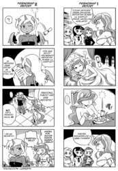 Size: 697x1010 | Tagged: safe, artist:innuendo88, artist:shepherd0821, applejack, fluttershy, princess celestia, princess luna, twilight sparkle, g4, clothes, comic, monochrome, sleeveless turtleneck, spanish, sweater, sweatershy, translation