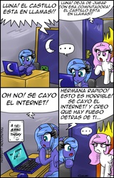 Size: 1024x1601 | Tagged: safe, artist:ciriliko, artist:innuendo88, princess celestia, princess luna, gamer luna, g4, creeper, spanish, translation