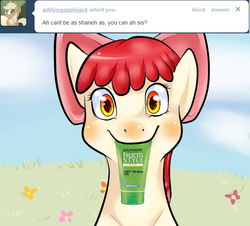 Size: 630x570 | Tagged: safe, apple bloom, ask appa blume, g4, ask, hair gel, product placement, tumblr