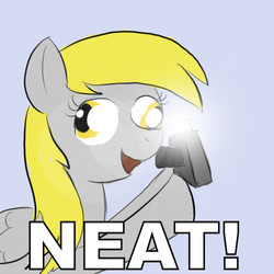 Size: 500x500 | Tagged: safe, derpy hooves, pegasus, pony, g4, camera, camera flashes, derp, female, happy, hoof hold, image macro, mare, neat, open mouth, reaction image, smiling, solo, you're doing it wrong