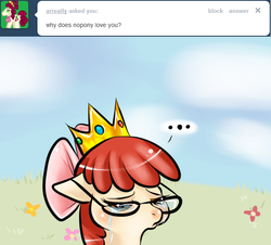Size: 630x570 | Tagged: safe, apple bloom, ask appa blume, g4, ask, crown, crying, glasses, tumblr