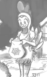 Size: 650x1055 | Tagged: safe, artist:johnjoseco, pinkie pie, chicken, human, g4, animal costume, chicken pie, chicken suit, clothes, costume, grayscale, humanized, monochrome, nightmare night