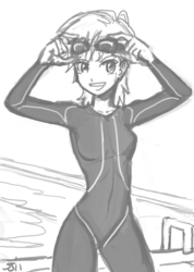 Size: 650x912 | Tagged: safe, artist:johnjoseco, rainbow dash, human, g4, female, goggles, grayscale, humanized, monochrome, solo, swimmer, wetsuit