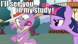 Size: 960x540 | Tagged: safe, edit, edited screencap, screencap, spike, twilight sparkle, dragon, pony, unicorn, g4, my little pony: friendship is magic, secret of my excess, caption, clay puppington, duo, duo male and female, ear pull, female, hat, image macro, imminent punishment, male, mare, moral orel